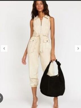 Gilli Sleeveless Zip-Front Utility Jumpsuit in Beige